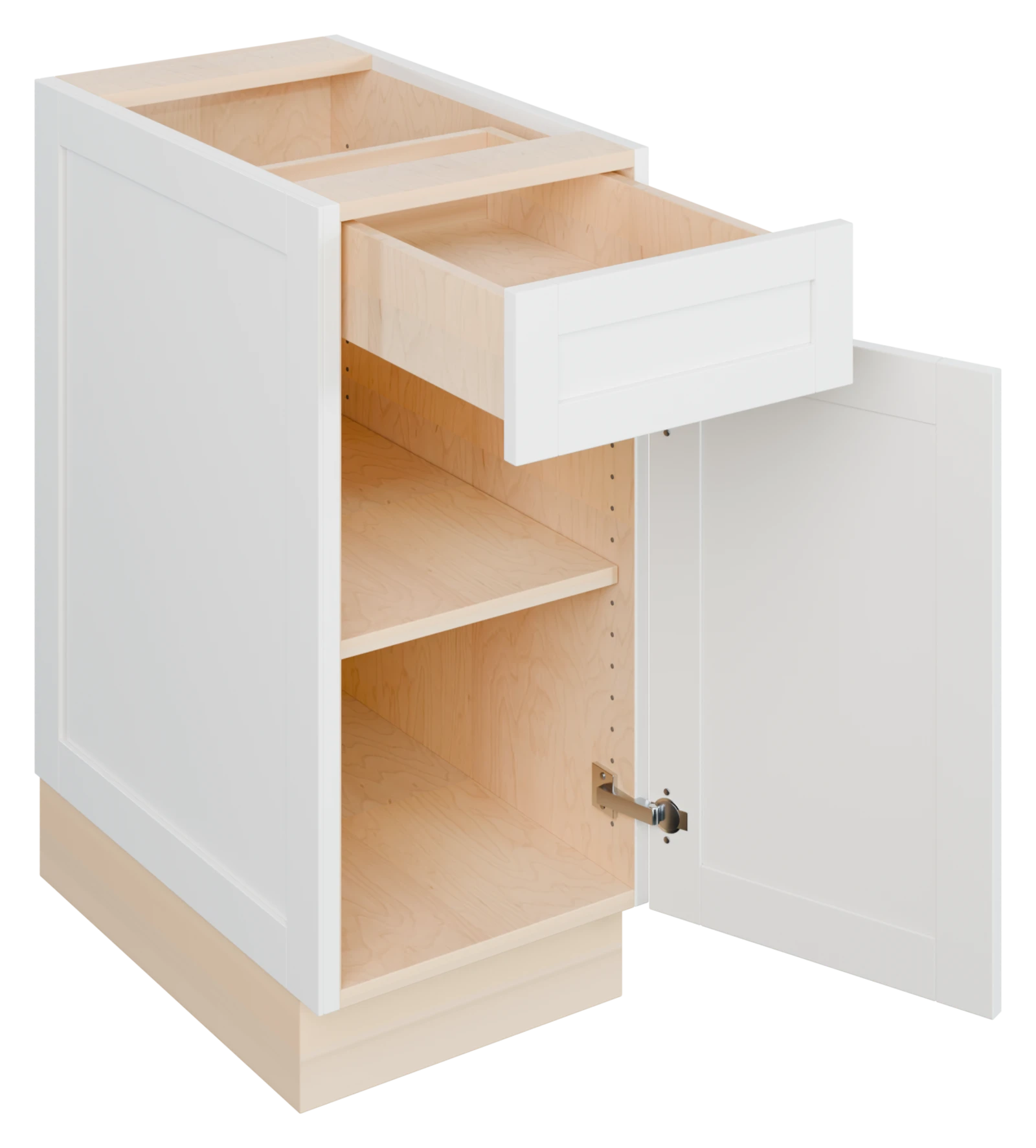 Frameless base cabinet with the door and drawer open, showing the plywood box, shelf, hinge and drawer